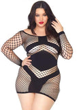 Diamond Net Long Sleeve Mini Dress Opaque Panels Plus Size Black