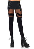 Seamless Opaque Faux Thigh High Pantyhose W/striped Fishnet Thigh O/s Black