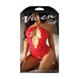 Fantasy Lingerie Vixen Hearts On Fire Crotchless Lace Teddy With Open Pearl Draped Back Red L/xl