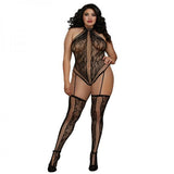 Lace Halter Teddy Bodystocking Garters & Thigh Highs Black Qn