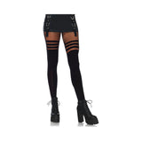 Seamless Opaque Faux Thigh High Pantyhose W/striped Fishnet Thigh O/s Black