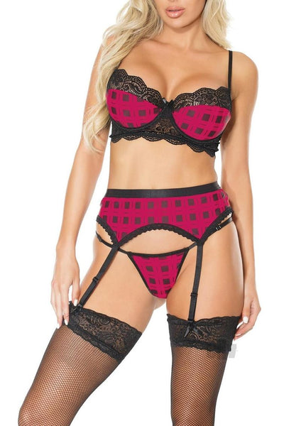 Bra Garter Gstring Plaid Pnk Sm
