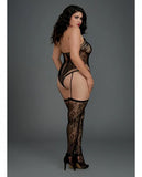 Lace Halter Teddy Bodystocking Garters & Thigh Highs Black Qn
