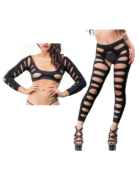 Beverly Hills Naughty Girl Crotchless Leggings w/Varigated Holes Black O/S