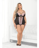 Embroidered Hearts Lace & Mesh Bustier Black/Pink 3X