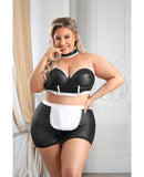 Play 5-Star Service Wetlook Bustier, Open Back Skirt, G-String & Choker Black/White 3X/4X
