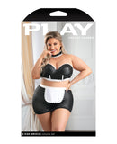 Play 5-Star Service Wetlook Bustier, Open Back Skirt, G-String & Choker Black/White 3X/4X