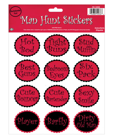 Bachelorette Fun Man Hunt Stickers - Sheet of 12, Bachelorette & Party Supplies,- www.gspotzone.com