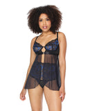 Scallop Stretch Lace & Mesh Front Closure Babydoll & High Waist Thong Black/Cobalt SM