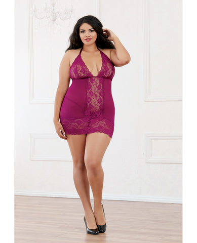 Stretch Lace Galloon & Stretch Mesh w/Spandex Halter Chemise w/Lace Hem & Thong Raspberry 1X