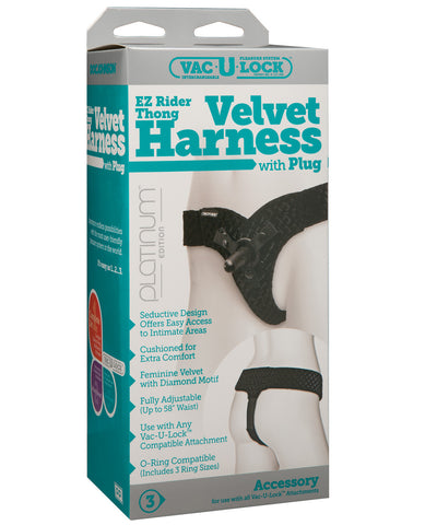 Vac-u-lock Velvet EZ Rider Thong Harness w/Plug - Black