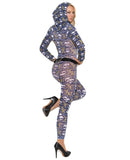 Hooded Deep V Crotchless Bodystocking Features a Skull Motif Black O/S