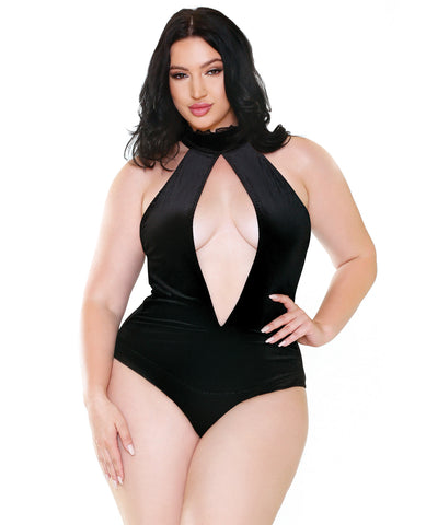 Curve Alexandra Velvet High Neck Halter Teddy w/Front & Back Snap Closure Black 1X/2X