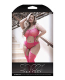 Sheer Afterglow Cut Out Teddy w/Attached Footless Stockings Berry Pink QN