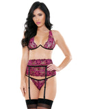 Tease Janelle Two Toned Lace Underwire Bra, Garter Belt & G-String Black/Pink M/L