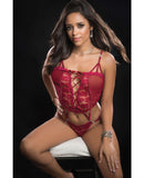 Butterfly Teddy w/Lace up Front & Thong Red Berry O/S