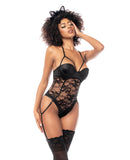 Cat Girl Lace Gartered Bodysuit w/Lace Up Back & Head Piece Black L/XL