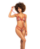 Peek a Boo Top w/Detachable Wrist Straps, Thong & Eye Mask Red/Snake S/M