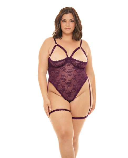 Elayne Open Shelf Cup Teddy w/Garter Stays Patent Purple 1X/2X