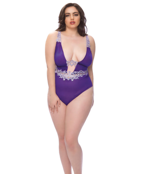 Mesh Plunge Teddy w/Applique Detail Grape/Lilac 2X