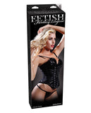 Fetish fantasy vinyl corset w/fishnet overlay, lace-up back, g-string & removable garters black