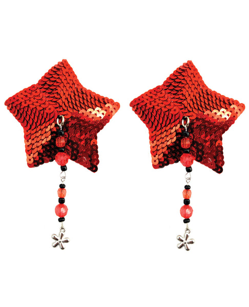 Sequin Nipple Covers Star w/Beads & Flower Charm - Red