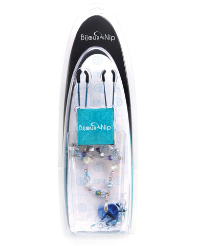 Tweezer Swag Style Jeweled Blue Heart Pendant w/Blue & Pink Beads Nipple Clamp - Blue