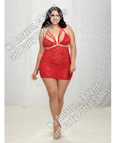 Strappy Lace Chemise w/Lace-Up Back & Cutout Waist Lipstick Red QN