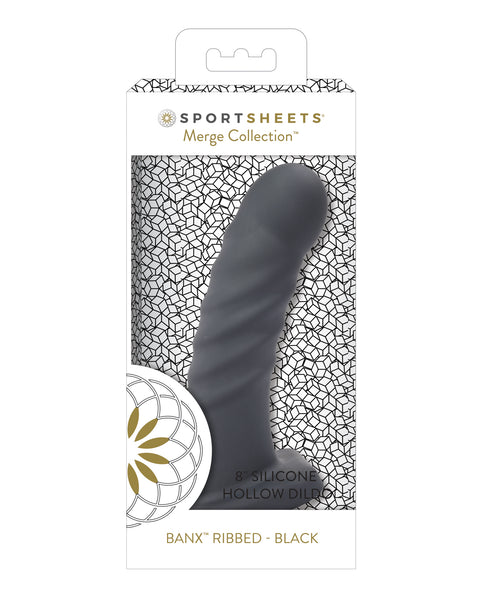 Sportsheets 8" Banx Ribbed Hollow Silicone Sheath Dildo - Black