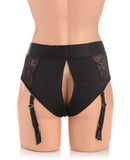 Strap U Laced Seductress Lace Crotchless Panty Harness w/Garter Straps - L/XL Black