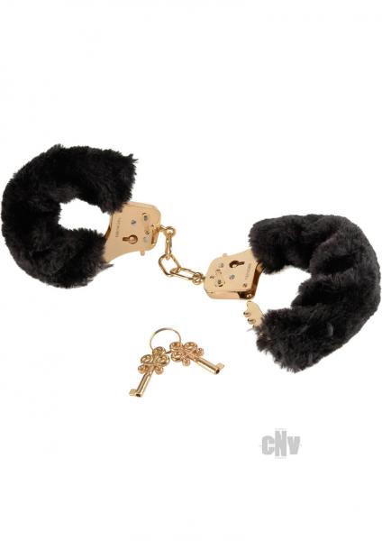 Deluxe Furry Cuffs Black Gold Handcuffs