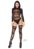 2 Piece Sheer Criss Cross Body Suit & Thigh Highs O/S Black