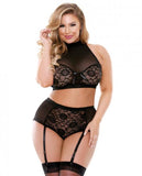 Curve Katia Two Piece Halter Bra Top With Matching Gartered Panty Black 1x/2x