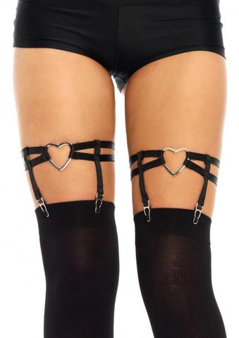 Dual Strap Elastic Thigh High Garter Suspender With Heart O/s Black