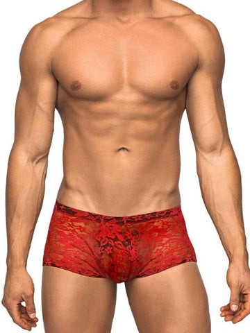 Male Power Stretch Lace Mini Short Red Small