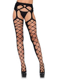 Diamond Net Opaque Stockings With Attached Garter Belt O/s Black
