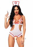 2pc Naughty Nurse, Includes Crotchless Teddy With Peek-a-boo Cups And Matching Headband O/s Wh/rd