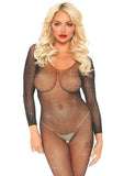 Crystalized Seamless Fishnet Long Sleeved Bodystocking. Black O/s