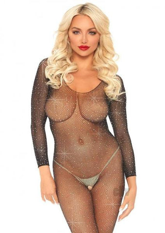 Crystalized Seamless Fishnet Long Sleeved Bodystocking. Black O/s