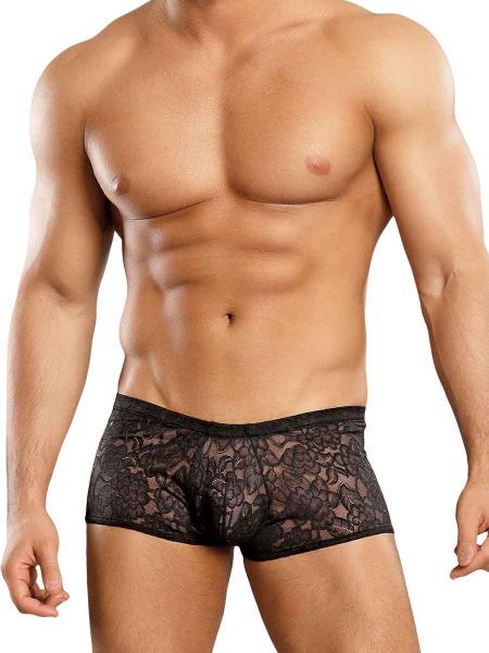 Male Power Stretch Lace Mini Shorts Black XL