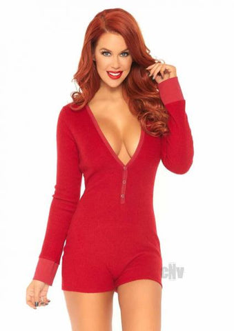 Brushed Rib Romper Long Johns With Cheeky Snap Closure Back Flap. Red X-large
