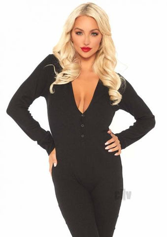 Cozy Brushed Rib Long Johns With Cheeky Snap Closure Back Flap. Black Med/lge