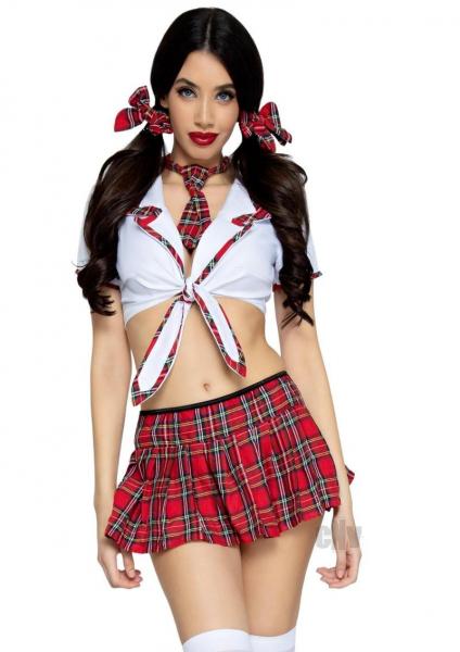 4-piece Miss Prep School Cropped Tie Top, Skirt, Tie, And Hair Bows M/l Red/white