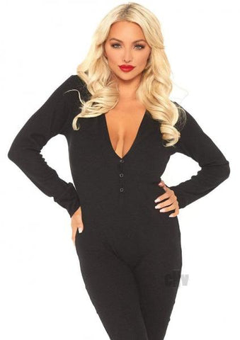 Cozy Brushed Rib Long Johns With Cheeky Snap Closure Back Flap. Black X-large