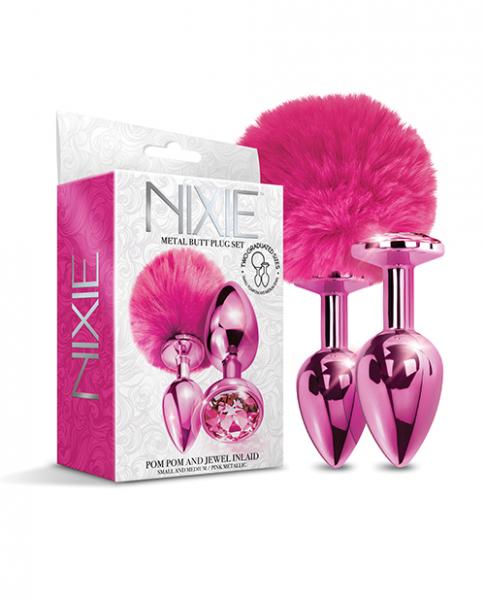 Nixie Metal Butt Plug Set Pom Pom And Jewel-inlaid Metallic Pink