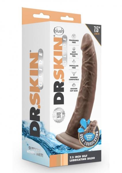 Dr. Skin Glide Self-lubricating Dildo 7.5 In. Chocolate