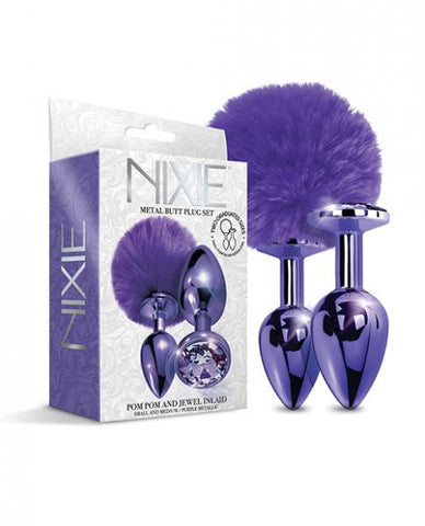 Nixie Metal Butt Plug Set Pom Pom And Jewel-inlaid Metallic Purple