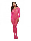 Dreamgirl Long-sleeved Fishnet Bodystocking With Open Crotch Neon Pink Queen