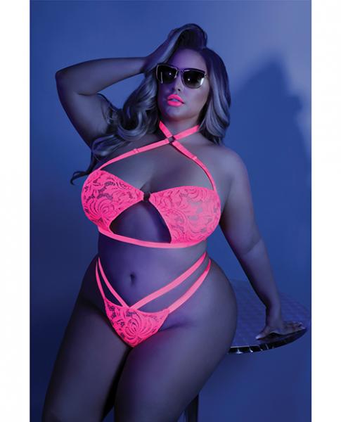 Glow Lights Off Lace Halter Bralette & Cage Panty Neon Pink Qs