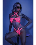 Glow Lights Off Lace Halter Bralette & Cage Panty Neon Pink M/l